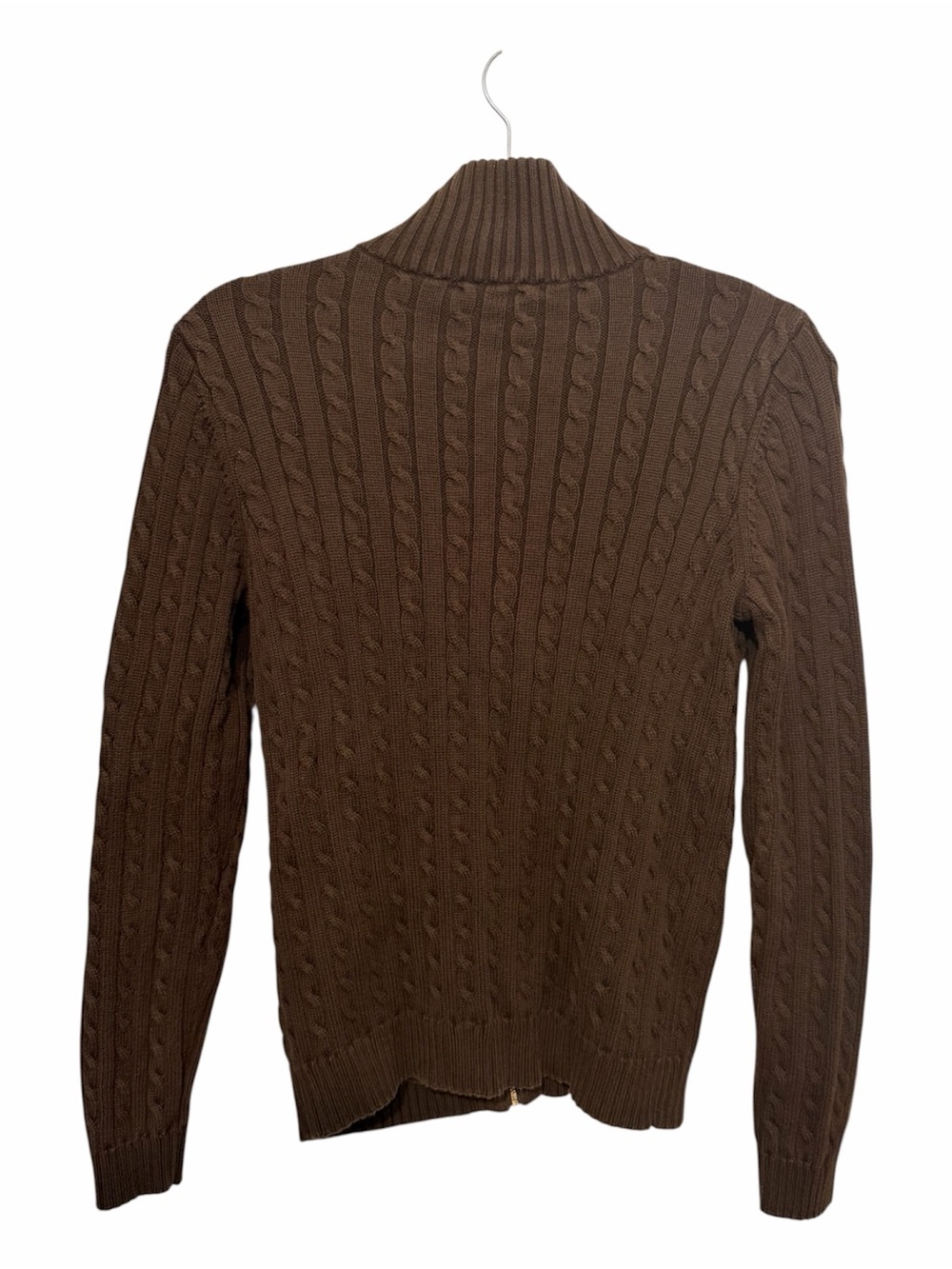 Lauren Ralph Lauren Brown Cable-Knit Zip Cardigan with Gold Accents - Picture 2 of 4